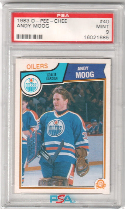 ANDY MOOG 1983 - 84 O - PEE - CHEE #40 PSA 9 MINT - OILERS - Columbia Hobby - Sports Card Boxes - Toploaders - Card Savers