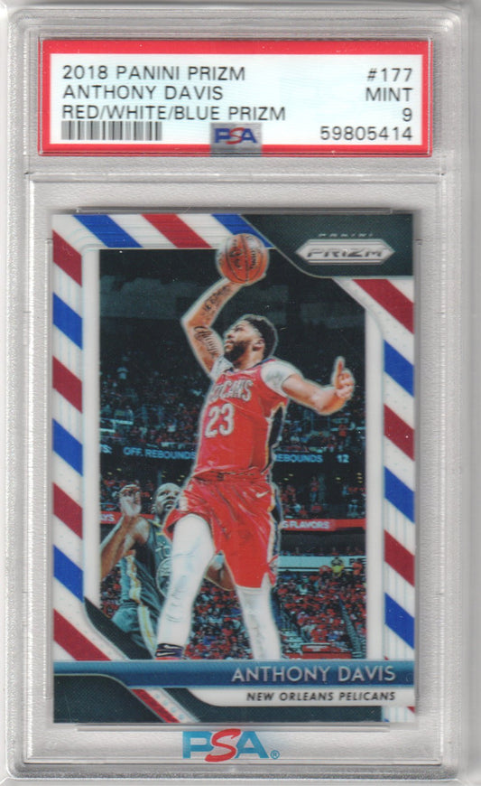 ANTHONY DAVIS 2018 - 19 Panini Prizm #177 Red White Blue PSA 9 MINT - LAKERS - Columbia Hobby - Sports Card Boxes - Toploaders - Card Savers