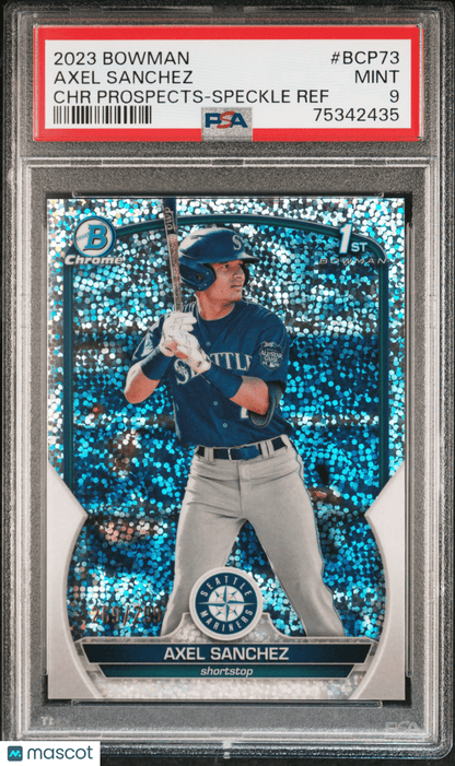 AXEL SANCHEZ 2023 Bowman Chrome Prospects #/290 Speckle Ref PSA 9 MINT - Columbia Hobby - Sports Card Boxes - Toploaders - Card Savers