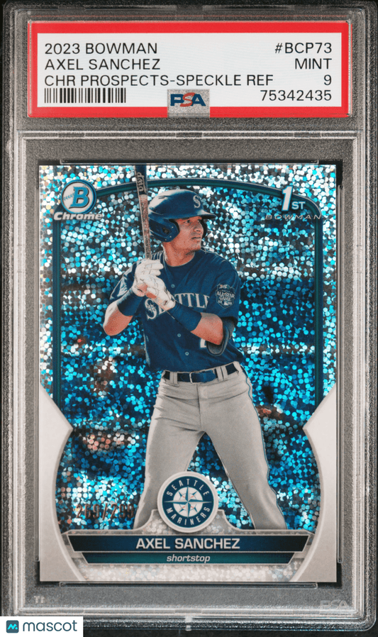 AXEL SANCHEZ 2023 Bowman Chrome Prospects #/290 Speckle Ref PSA 9 MINT - Columbia Hobby - Sports Card Boxes - Toploaders - Card Savers