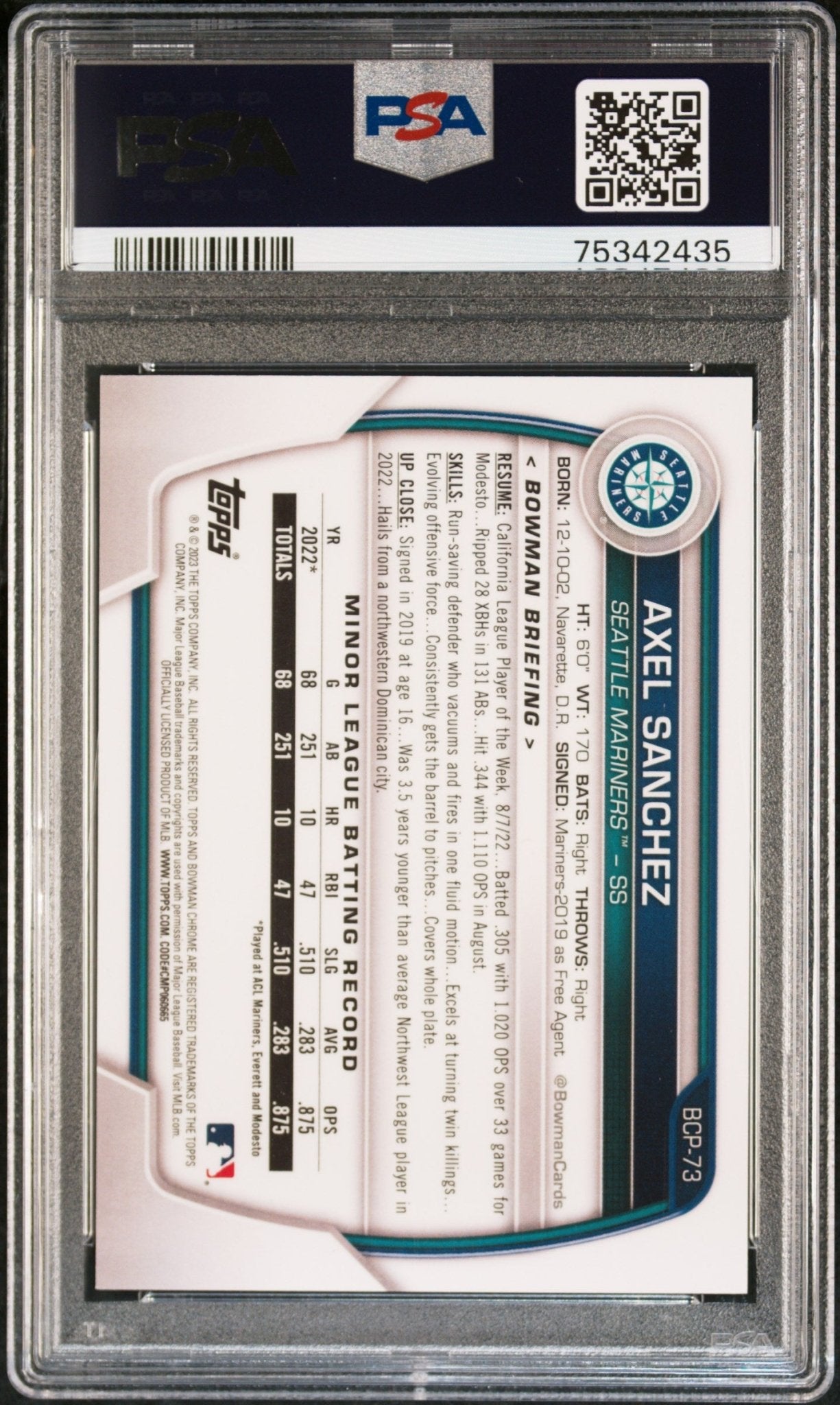 AXEL SANCHEZ 2023 Bowman Chrome Prospects #/290 Speckle Ref PSA 9 MINT - Columbia Hobby - Sports Card Boxes - Toploaders - Card Savers