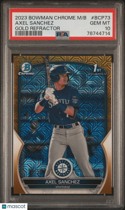 AXEL SANCHEZ 2023 Bowman Mega Box Chrome Gold Refractor /50 PSA 10 GEM - Columbia Hobby - Sports Card Boxes - Toploaders - Card Savers