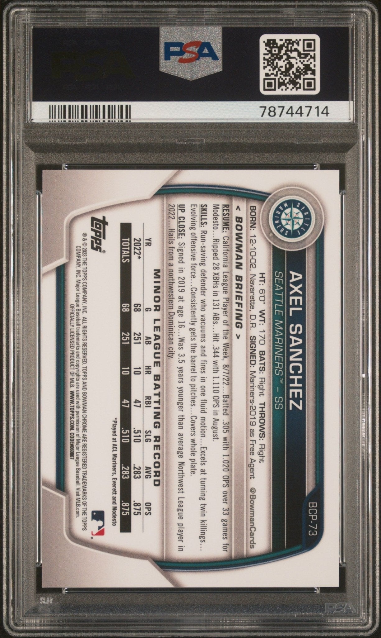 AXEL SANCHEZ 2023 Bowman Mega Box Chrome Gold Refractor /50 PSA 10 GEM - Columbia Hobby - Sports Card Boxes - Toploaders - Card Savers
