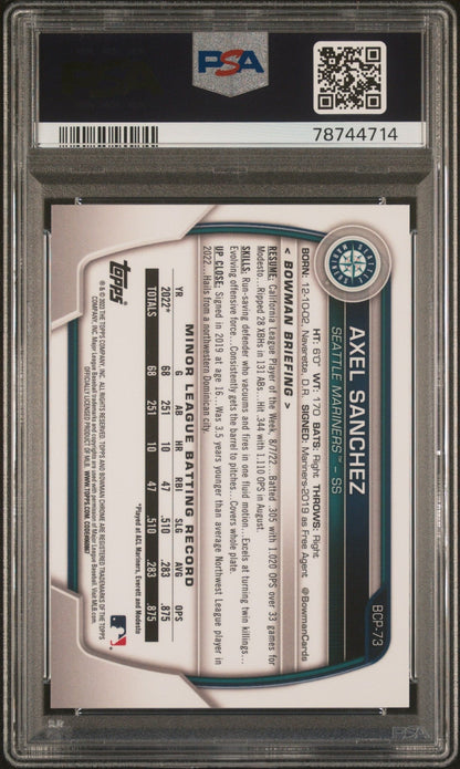 AXEL SANCHEZ 2023 Bowman Mega Box Chrome Gold Refractor /50 PSA 10 GEM - Columbia Hobby - Sports Card Boxes - Toploaders - Card Savers