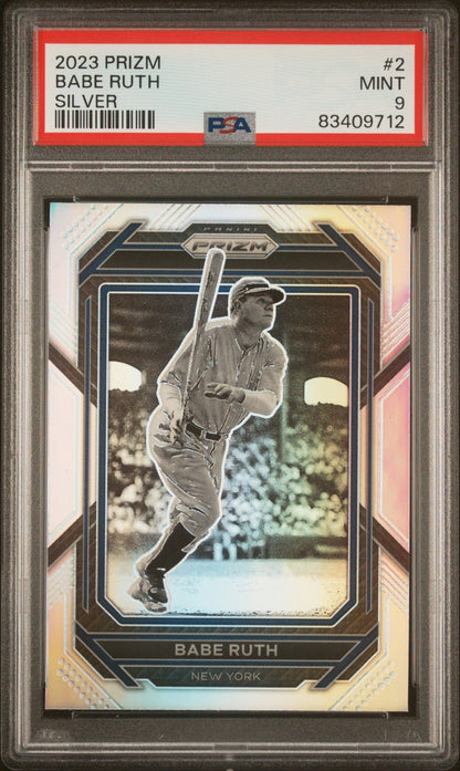 BABE RUTH 2023 Panini Prizm Silver #2 PSA 9 MINT - YANKEES Pop 3 - Columbia Hobby - Sports Card Boxes - Toploaders - Card Savers