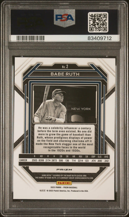 BABE RUTH 2023 Panini Prizm Silver #2 PSA 9 MINT - YANKEES Pop 3 - Columbia Hobby - Sports Card Boxes - Toploaders - Card Savers
