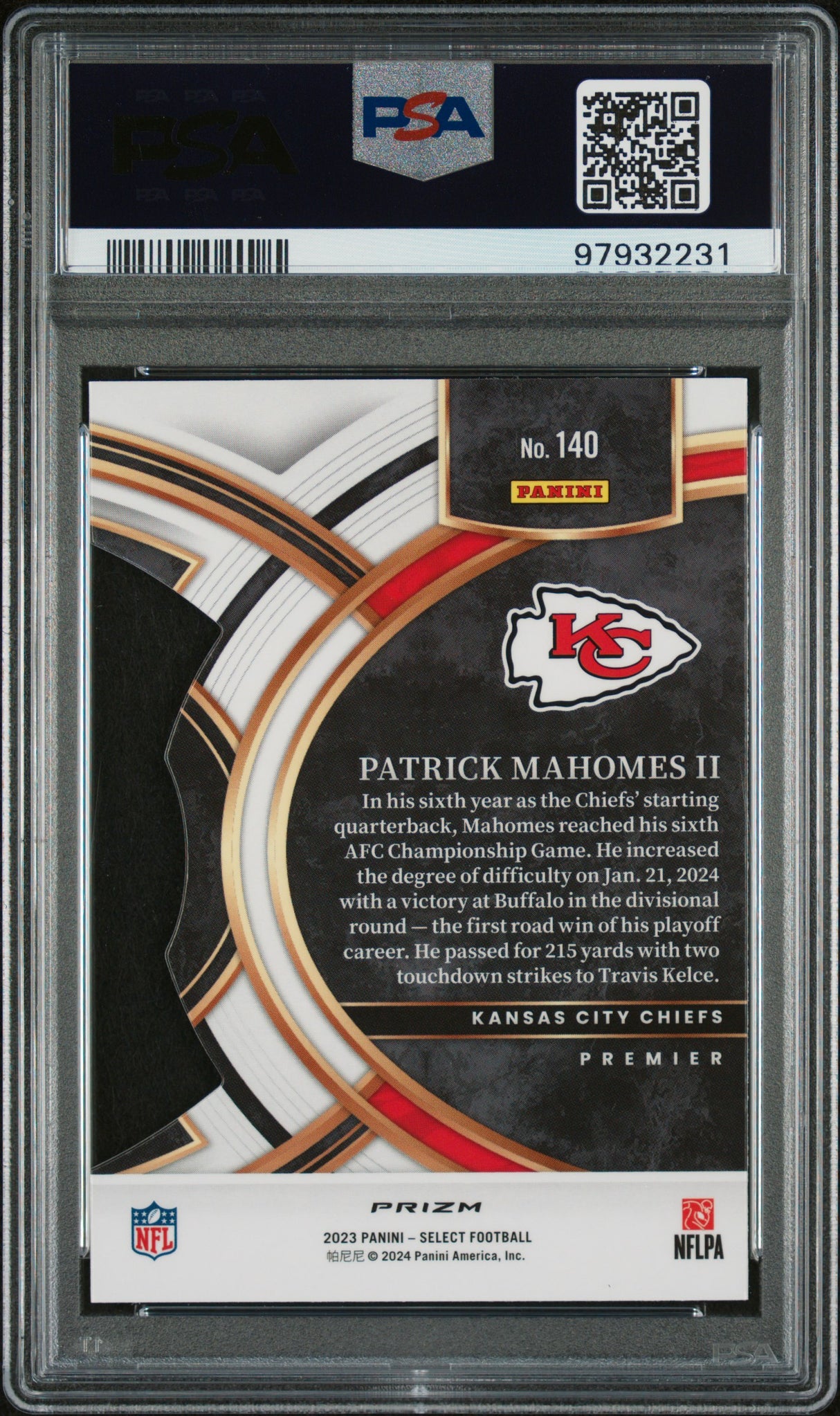 PATRICK MAHOMES II 2023 Panini Select #140 Die Cut Red Yellow Prizm PSA 9 MINT