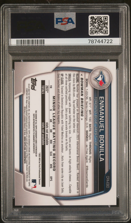 EMMANUEL BONILLA 2023 Bowman Chrome Prospect Autograph Speckle PSA 10 GEM /299