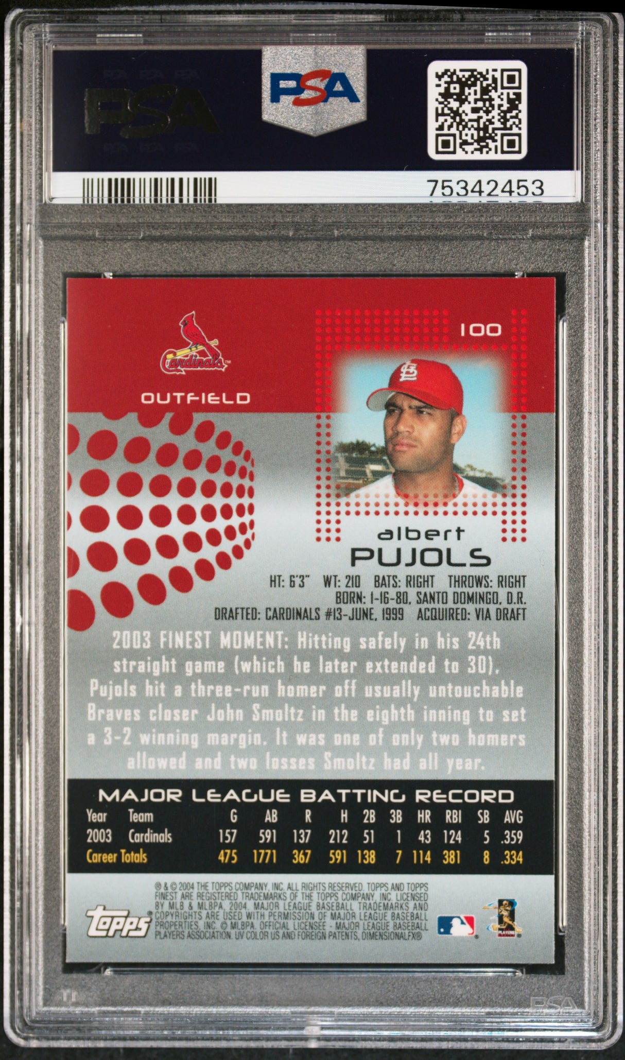 ALBERT PUJOLS 2004 Topps Finest #100 PSA 10 GEM MNT - CARDINALS