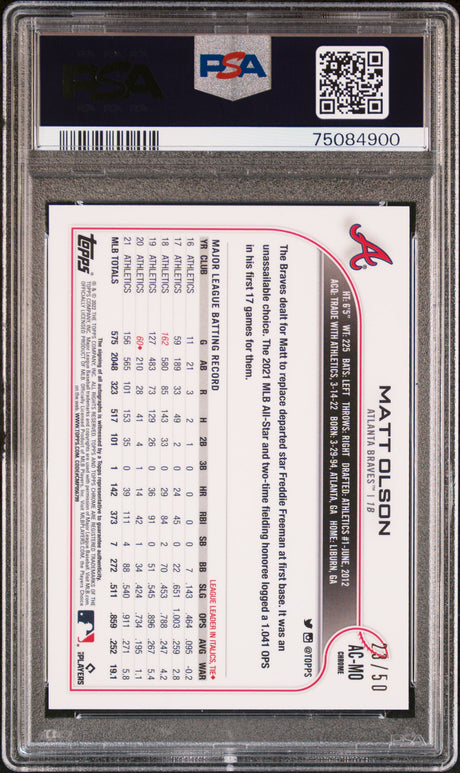 MATT OLSON 2022 Topps Chrome Update Autograph Gold #/50 PSA 10 GEM BRAVES