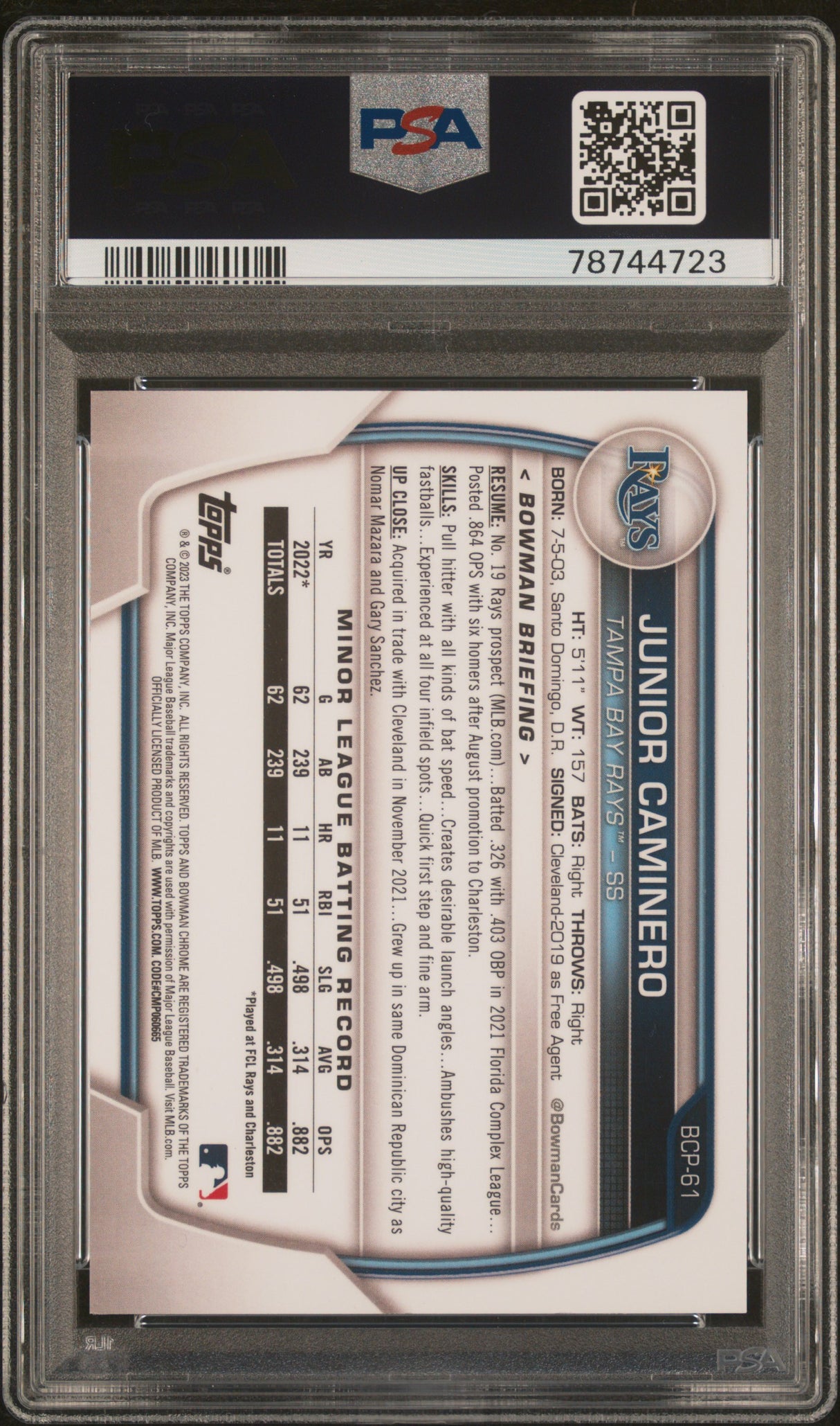 JUNIOR CAMINERO 2023 Bowman Chrome Prospect 1st Green Grass Refractor /99 PSA 9