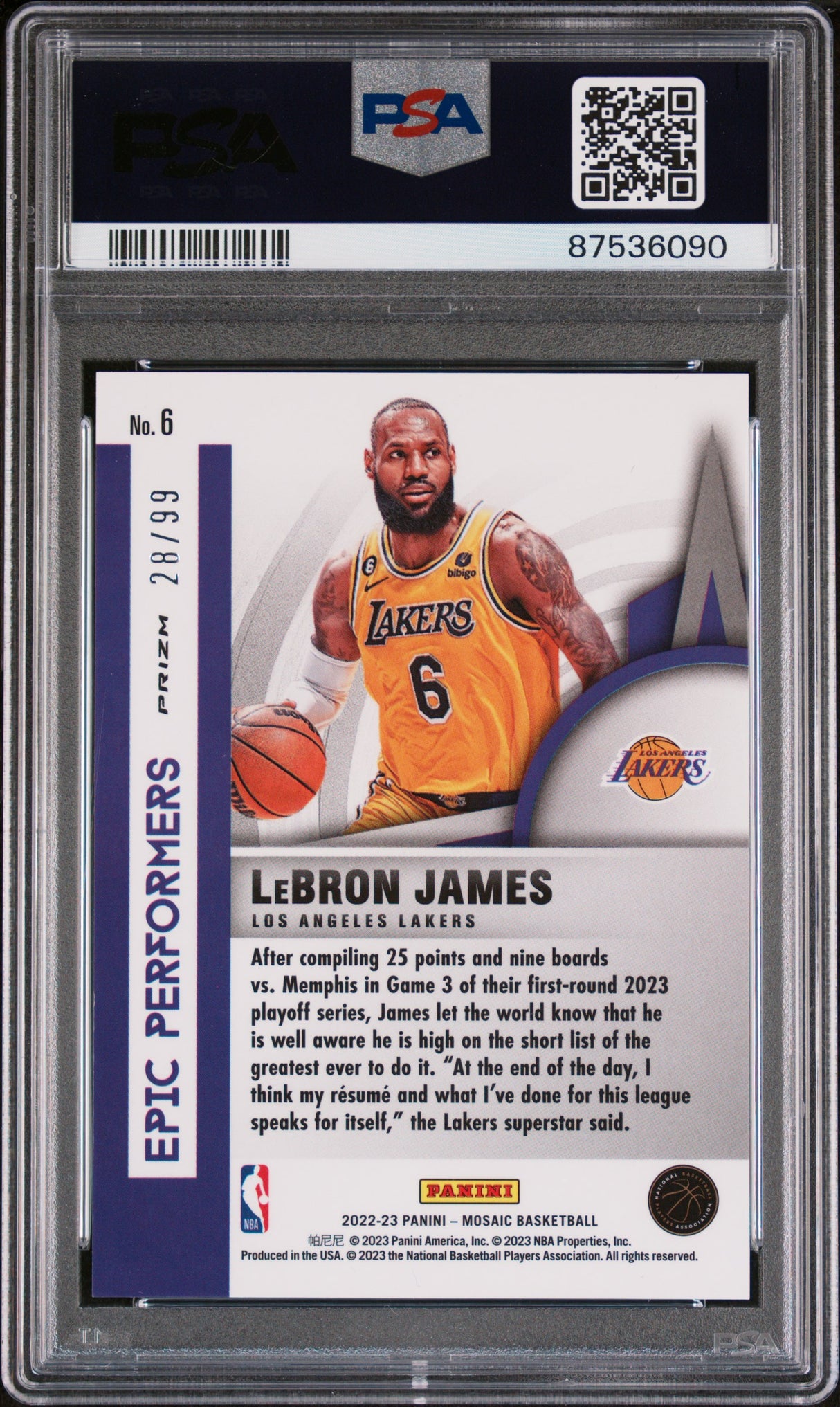 LEBRON JAMES 2022 Panini Mosaic Epic Performers Reactive Blue #/99 PSA 9 Pop 4