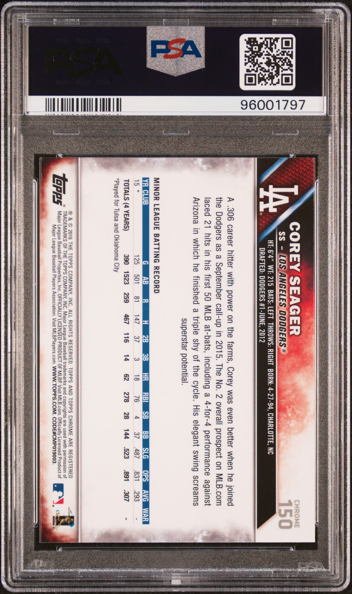 COREY SEAGER 2016 Topps Chrome RC Rookie #150 PSA 8 NM-MT - DODGERS RANGERS