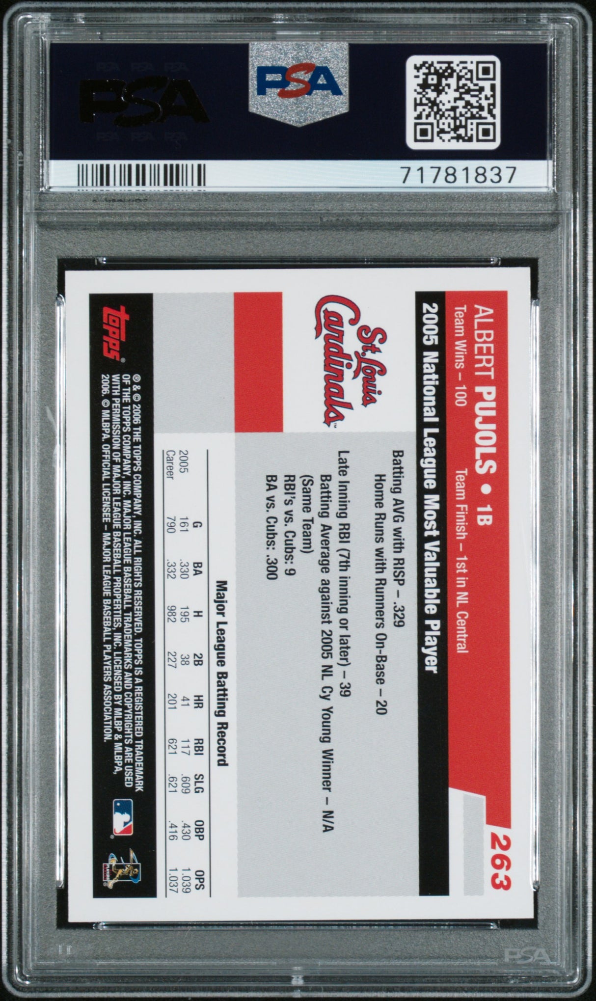 ALBERT PUJOLS 2006 Topps #263 PSA 10 GEM MINT - CARDINALS