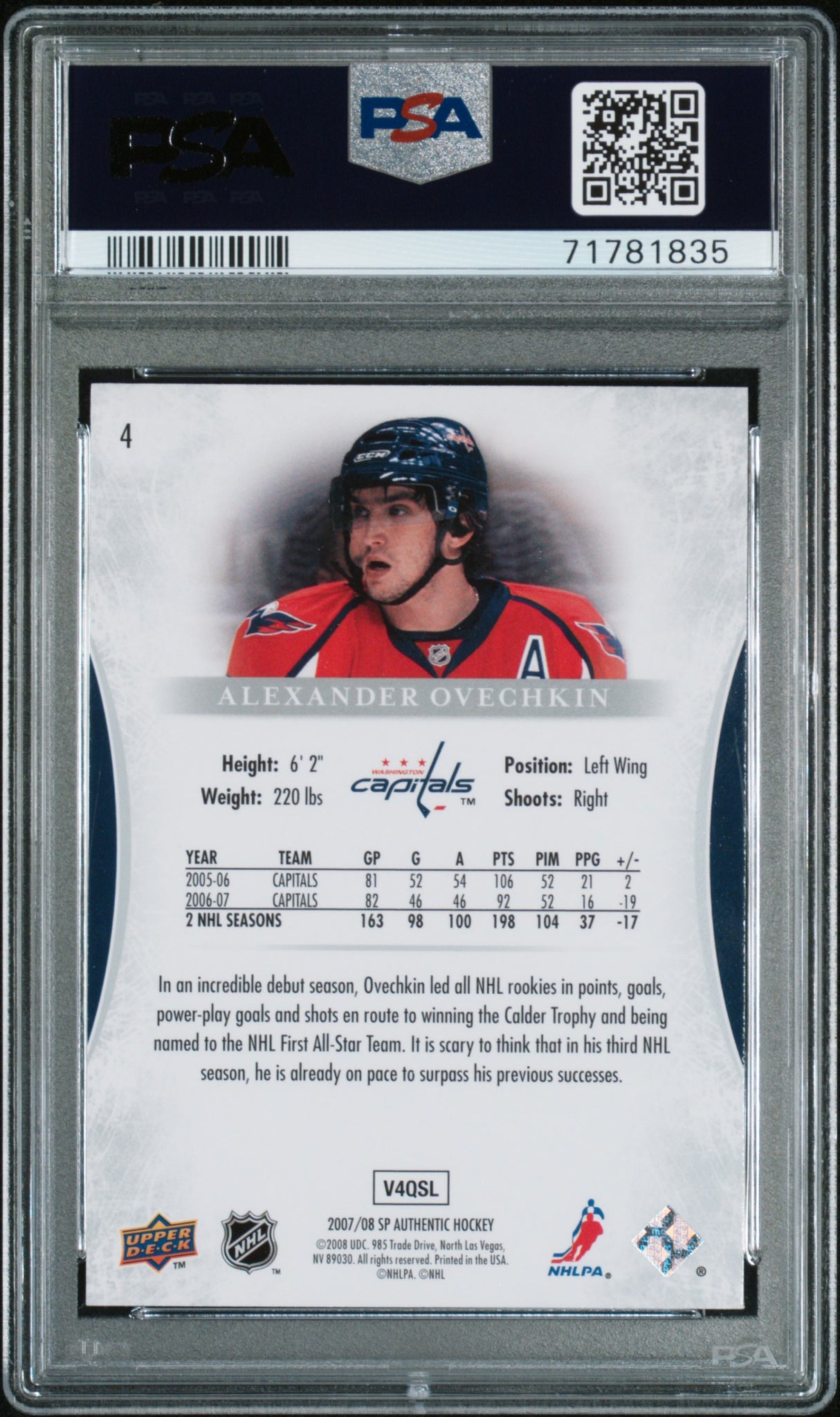 Alexander Ovechkin 2007 SP Authentic #4 PSA 9 MINT Pop 15
