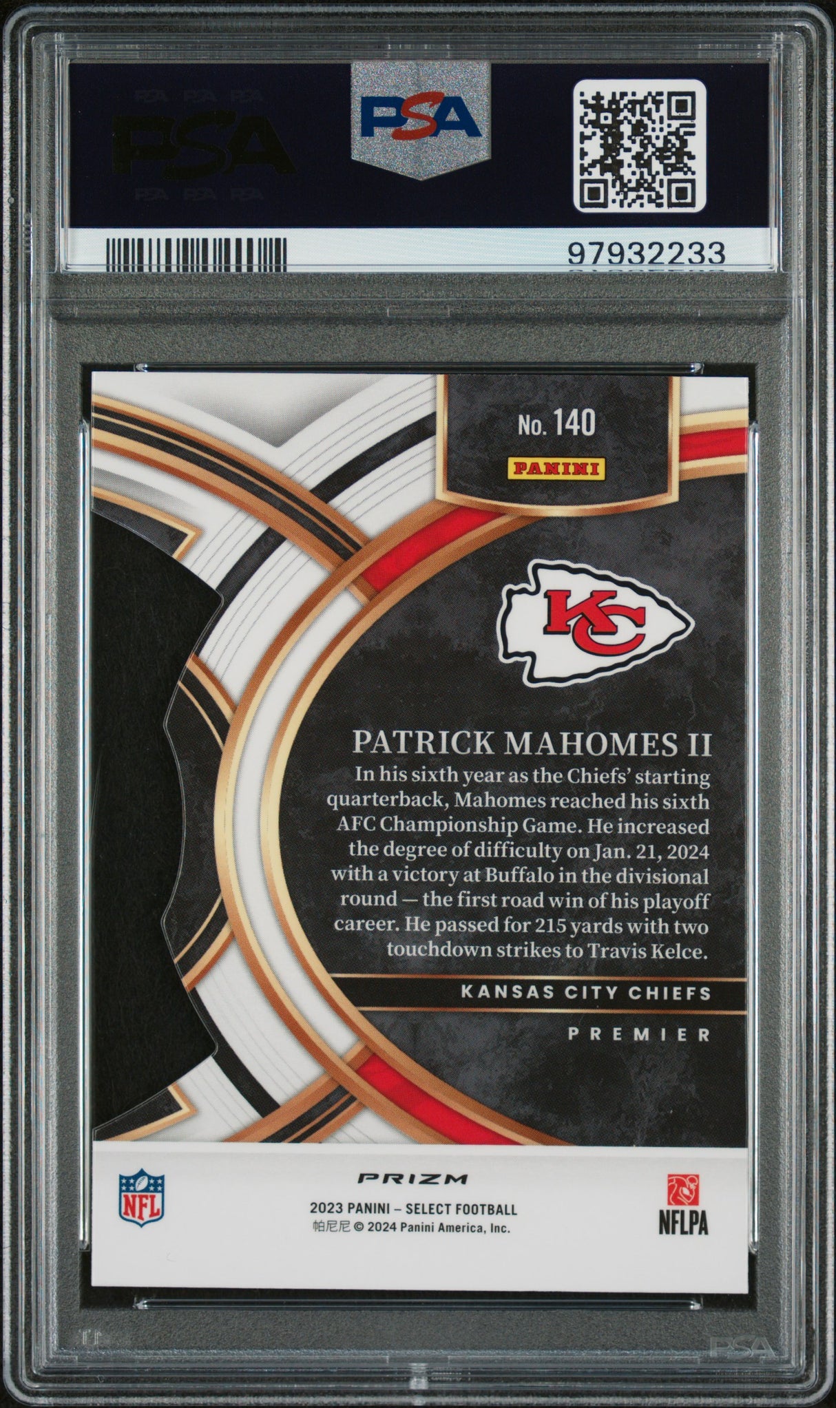 PATRICK MAHOMES II 2023 Panini Select #140 Die Cut Red & Yellow Prizm PSA