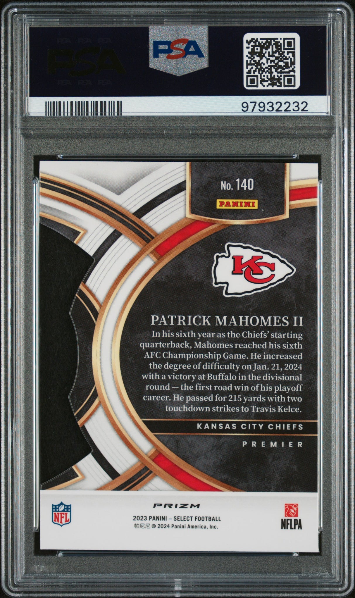 PATRICK MAHOMES II 2023 Panini Select #140 Die Cut Red Yellow Prizm PSA 10 GEM