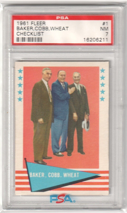BAKER TY COBB WHEAT 1961 Fleer Baseball Greats Checklist #1 Graded PSA 7 NM - Columbia Hobby - Sports Card Boxes - Toploaders - Card Savers