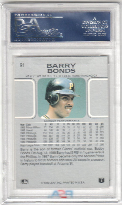 BARRY BONDS 1990 Leaf #91 PSA 10 GEM MINT - PIRATES - Columbia Hobby - Sports Card Boxes - Toploaders - Card Savers