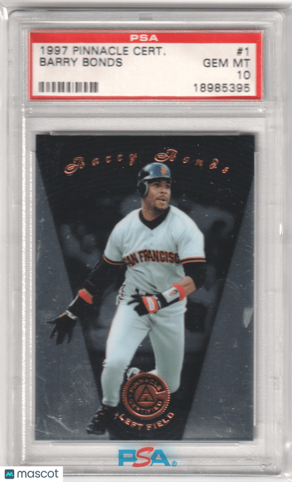 BARRY BONDS 1997 Pinnacle Certified #1 PSA 10 GEM MINT - GIANTS Pop 11 - Columbia Hobby - Sports Card Boxes - Toploaders - Card Savers