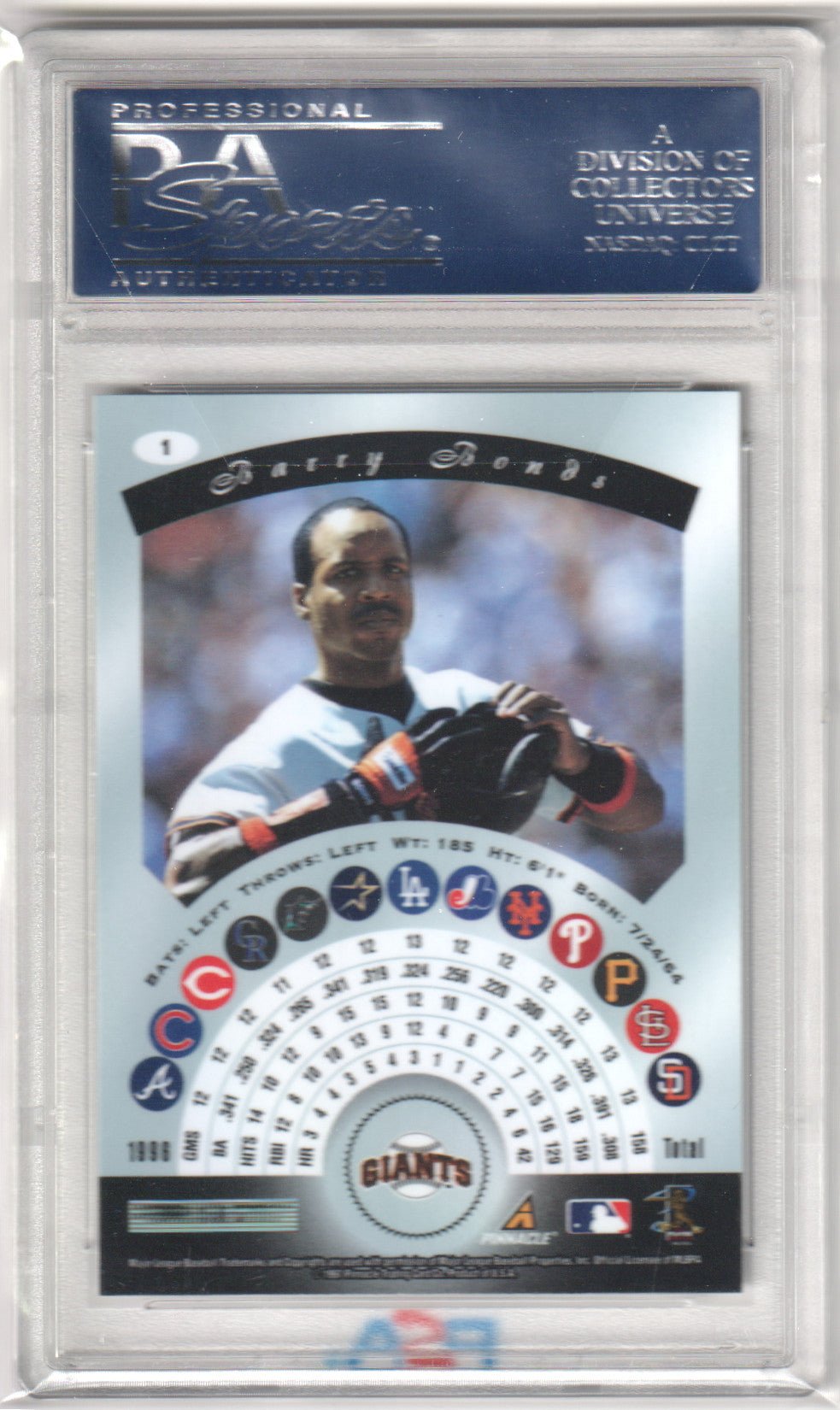 BARRY BONDS 1997 Pinnacle Certified #1 PSA 10 GEM MINT - GIANTS Pop 11 - Columbia Hobby - Sports Card Boxes - Toploaders - Card Savers