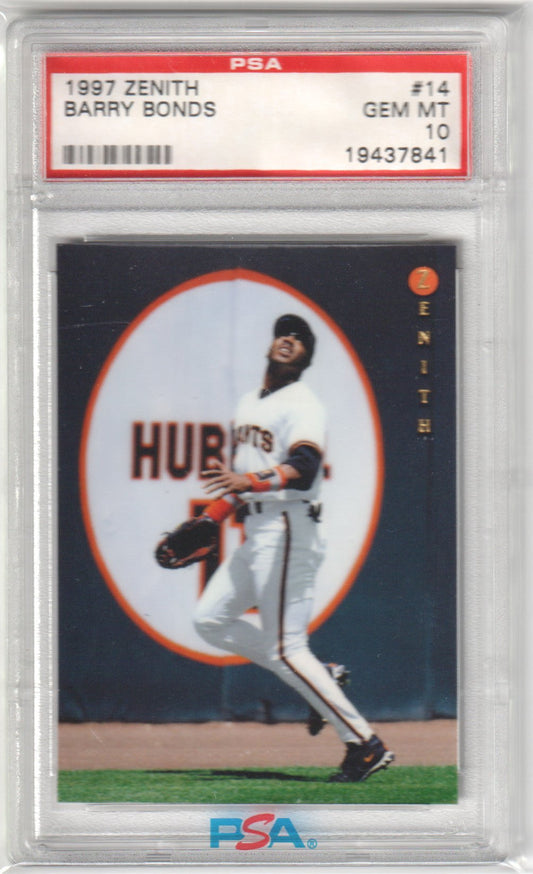 BARRY BONDS 1997 Pinnacle Zenith #14 PSA 10 GEM MINT - GIANTS Pop 5 - Columbia Hobby - Sports Card Boxes - Toploaders - Card Savers