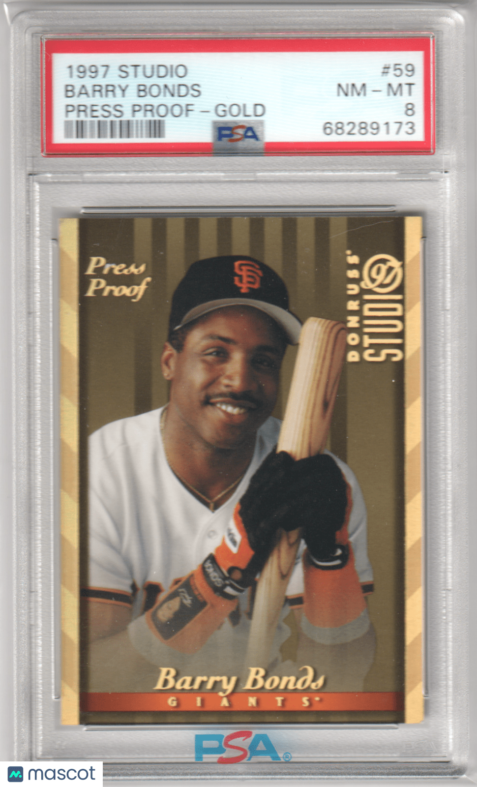 BARRY BONDS 1997 Studio Press Proof 59 Gold PSA 8 NM - MT - GIANTS - Columbia Hobby - Sports Card Boxes - Toploaders - Card Savers