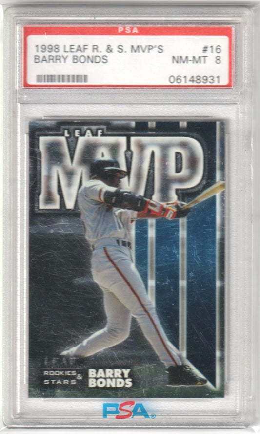 BARRY BONDS 1998 Leaf Rookies & Stars Leaf MVP #16 PSA 8 NM - MT - GIANTS - Columbia Hobby - Sports Card Boxes - Toploaders - Card Savers
