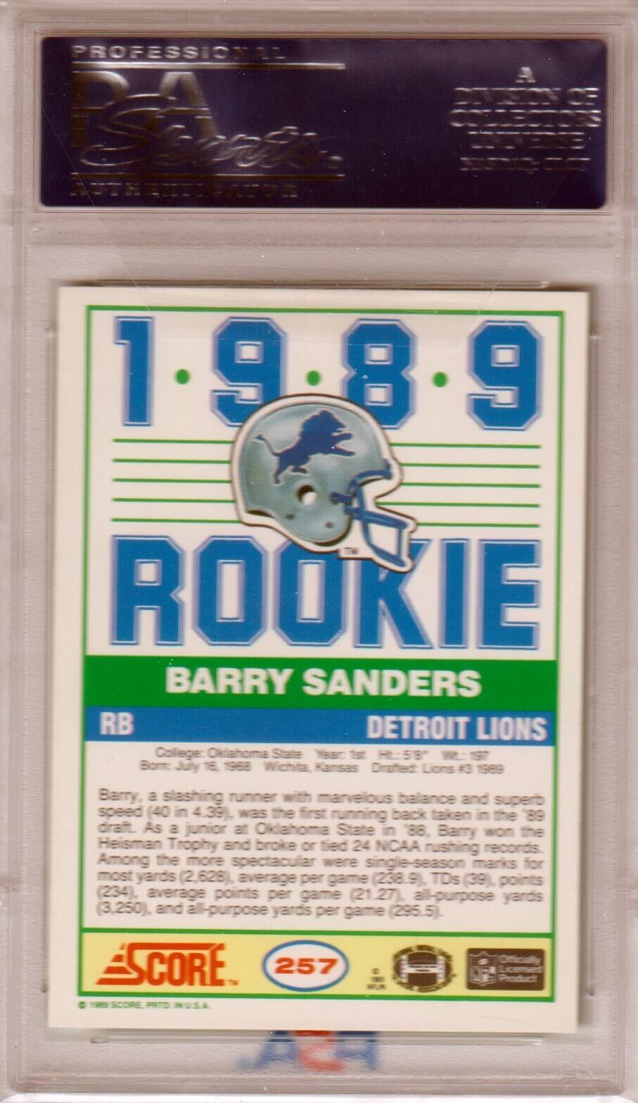 BARRY SANDERS 1989 Score RC Rookie #257 PSA 8 NM - MT - LIONS - Columbia Hobby - Sports Card Boxes - Toploaders - Card Savers