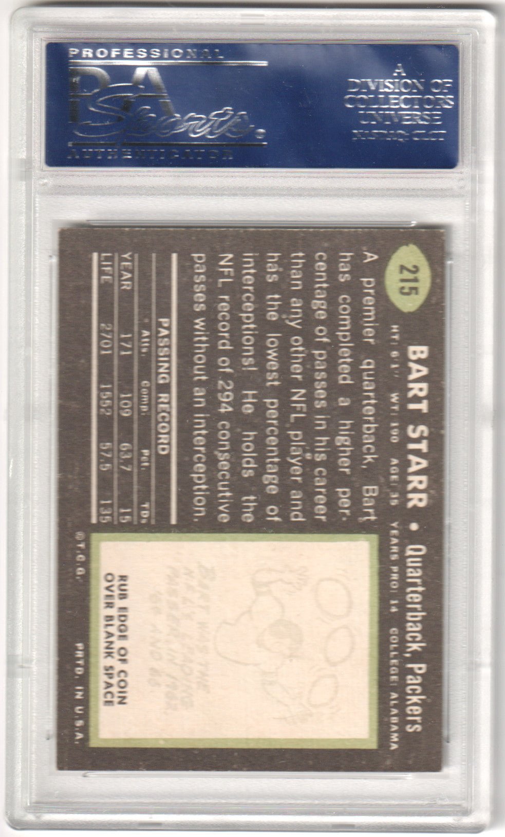 BART STARR 1969 Topps 215 PSA 6 EX - MT - PACKERS - Columbia Hobby - Sports Card Boxes - Toploaders - Card Savers