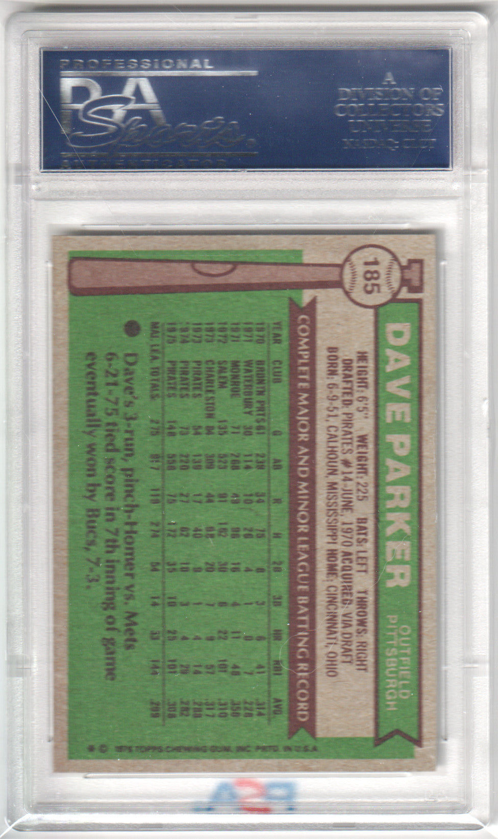 DAVE PARKER 1976 Topps #185 PSA 9 MINT - PIRATES