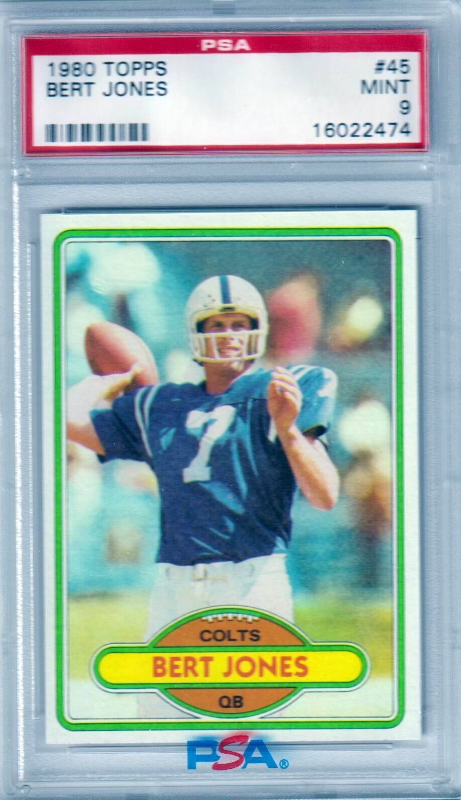 BERT JONES 1980 Topps #45 PSA 9 MINT - COLTS - Columbia Hobby - Sports Card Boxes - Toploaders - Card Savers