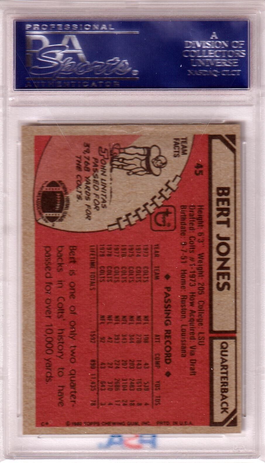 BERT JONES 1980 Topps #45 PSA 9 MINT - COLTS - Columbia Hobby - Sports Card Boxes - Toploaders - Card Savers