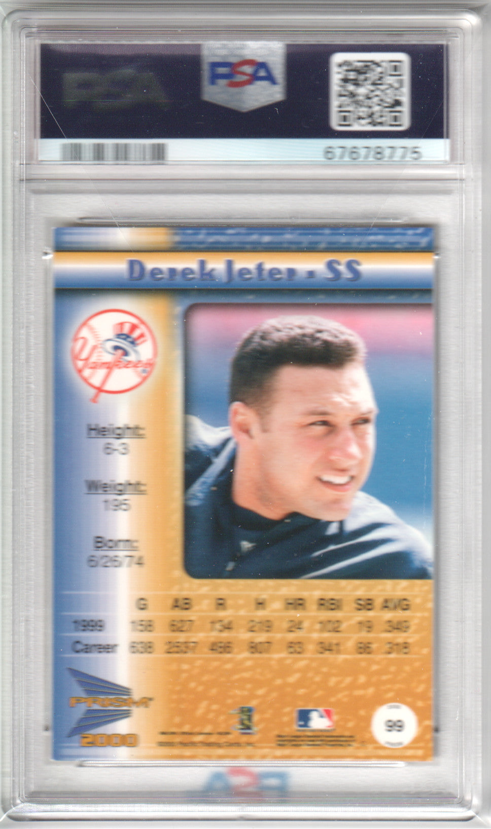 DEREK JETER 2000 Pacific Prism #99 Rapture Gold PSA 8 NM-MT - YANKEES Pop 1