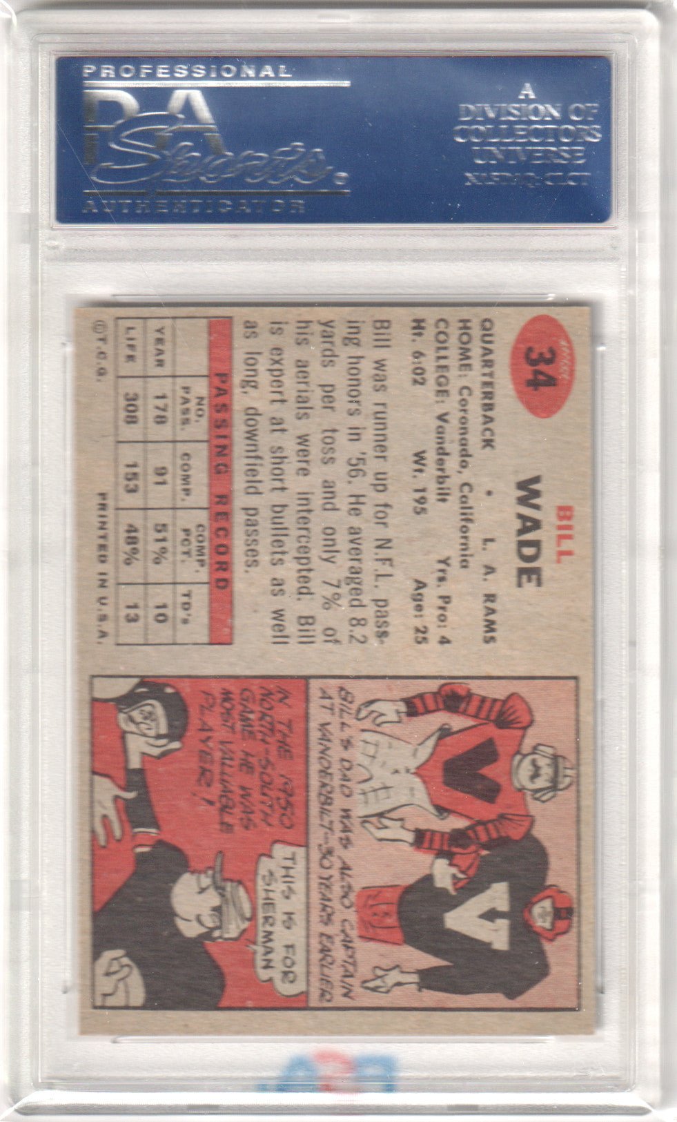 BILL WADE 1957 Topps 34 PSA 7 NM - RAMS - Columbia Hobby - Sports Card Boxes - Toploaders - Card Savers