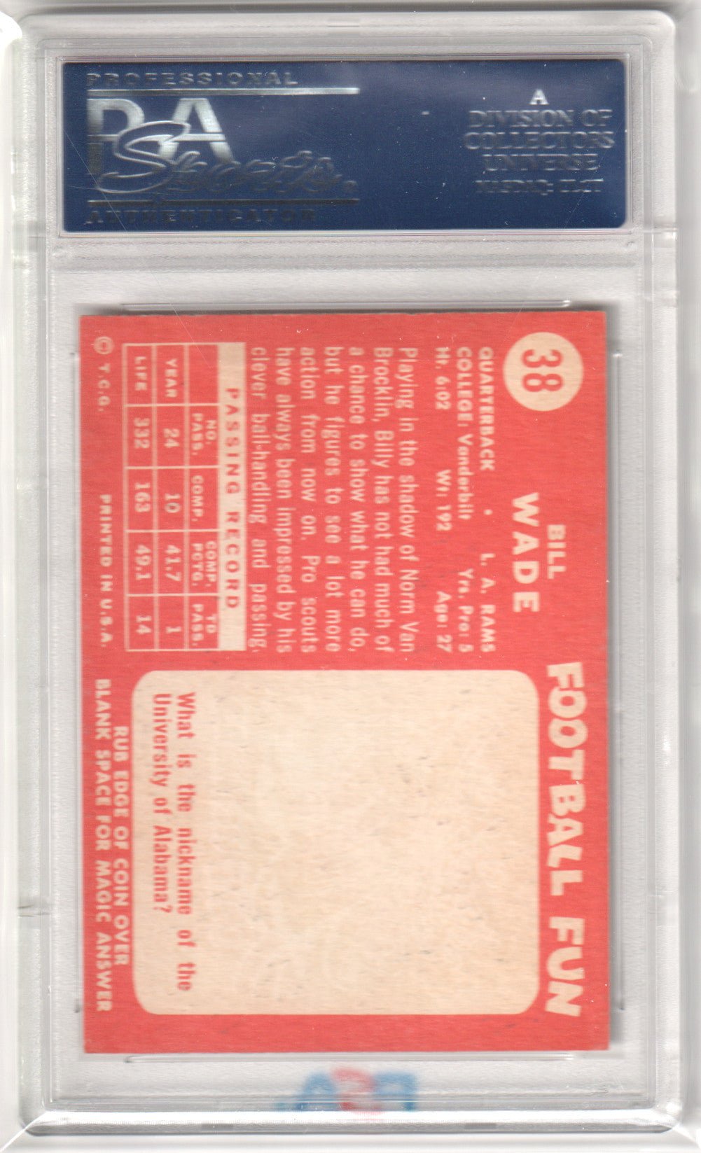 BILL WADE 1958 Topps 38 PSA 7 NM - RAMS - Columbia Hobby - Sports Card Boxes - Toploaders - Card Savers