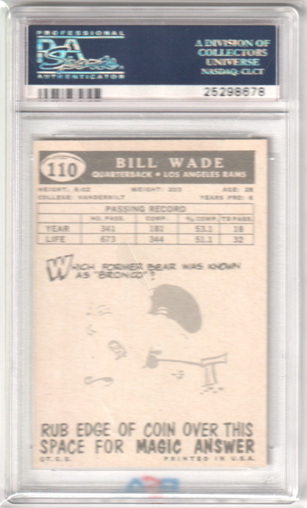 BILL WADE 1959 Topps 110 PSA 8 NM - MT - BEARS - Columbia Hobby - Sports Card Boxes - Toploaders - Card Savers