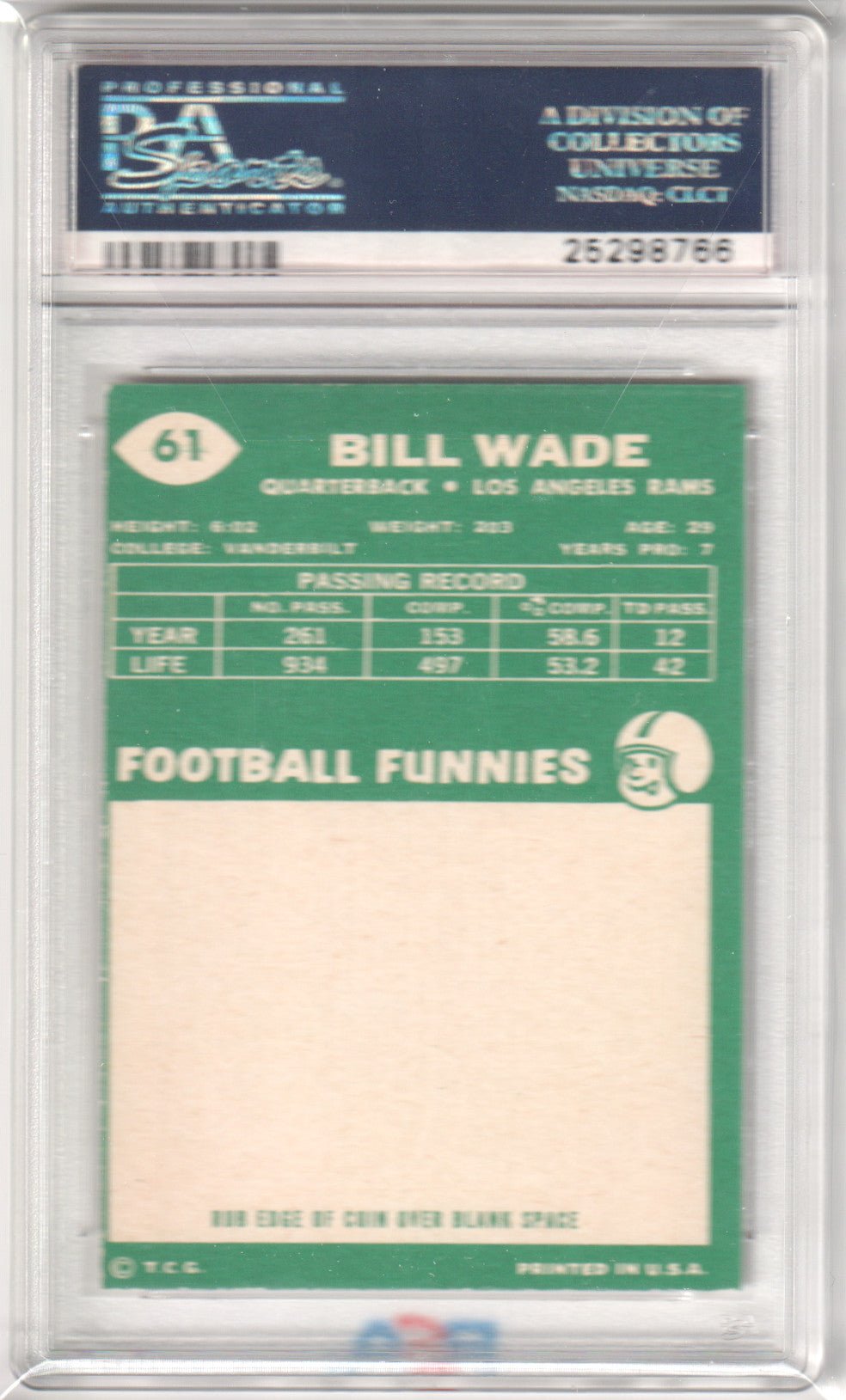 BILL WADE 1960 Topps 61 PSA 6 EX - MT - RAMS - Columbia Hobby - Sports Card Boxes - Toploaders - Card Savers