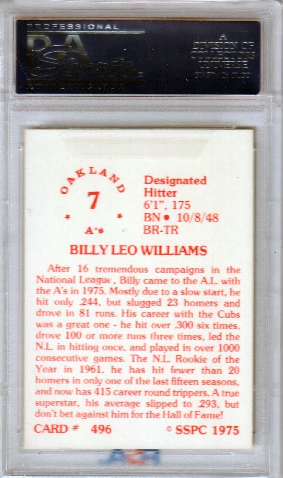 BILLY WILLIAMS 1975 SSPC #496 PSA 9 MINT - CUBS ATHLETICS - Columbia Hobby - Sports Card Boxes - Toploaders - Card Savers