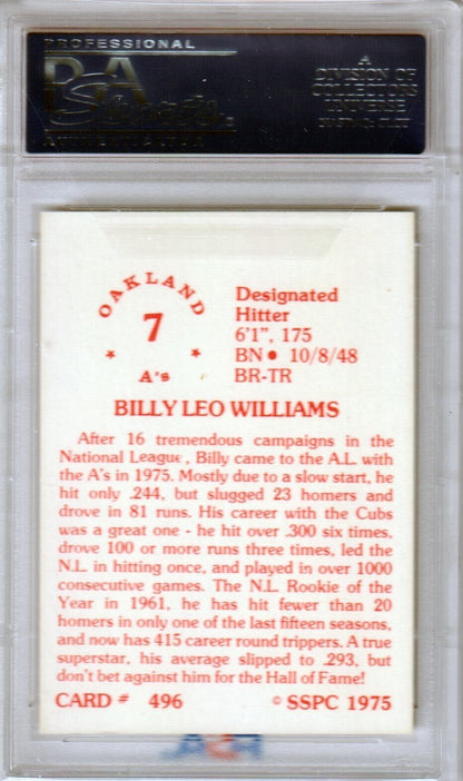BILLY WILLIAMS 1975 SSPC #496 PSA 9 MINT - CUBS ATHLETICS - Columbia Hobby - Sports Card Boxes - Toploaders - Card Savers