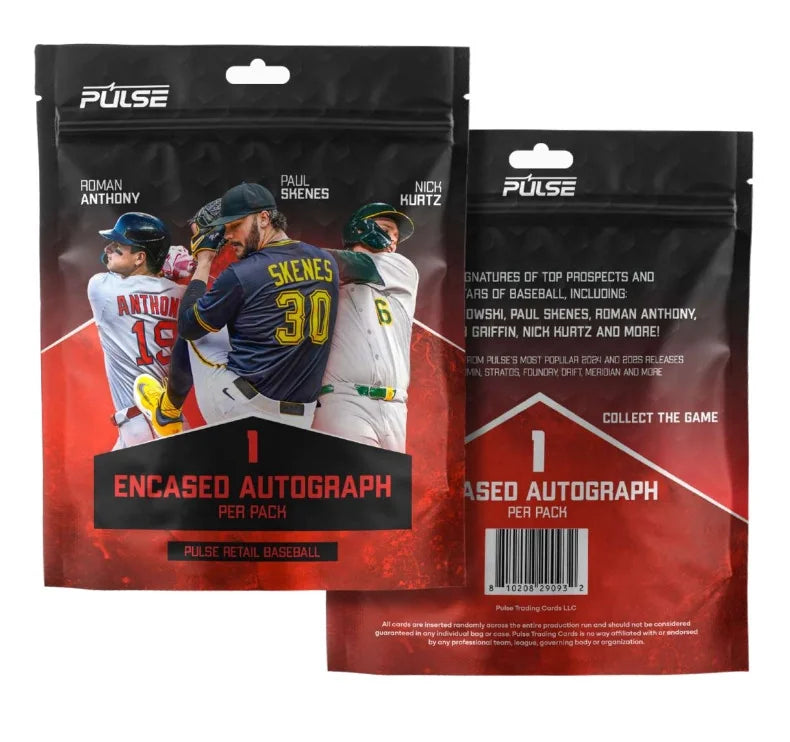2026 Pulse Baseball Retail Series 3 trading card pack featuring one encased autograph

2026 Pulse Baseball Retail Series 3 premium encased autograph trading card

2026 Pulse Baseball Retail Series 3 featured player checklist including Paul Skenes and Roman Anthony

Pulse Baseball Lumin autograph card design featured in Retail Series 3

Pulse Baseball Stratos autograph card design featured in Retail Series 3

Pulse Baseball Foundry autograph card design featured in Retail Series 3