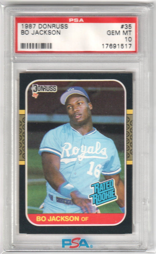 BO JACKSON 1987 Donruss RC Rookie #35 PSA 10 GEM MINT - ROYALS - Columbia Hobby - Sports Card Boxes - Toploaders - Card Savers