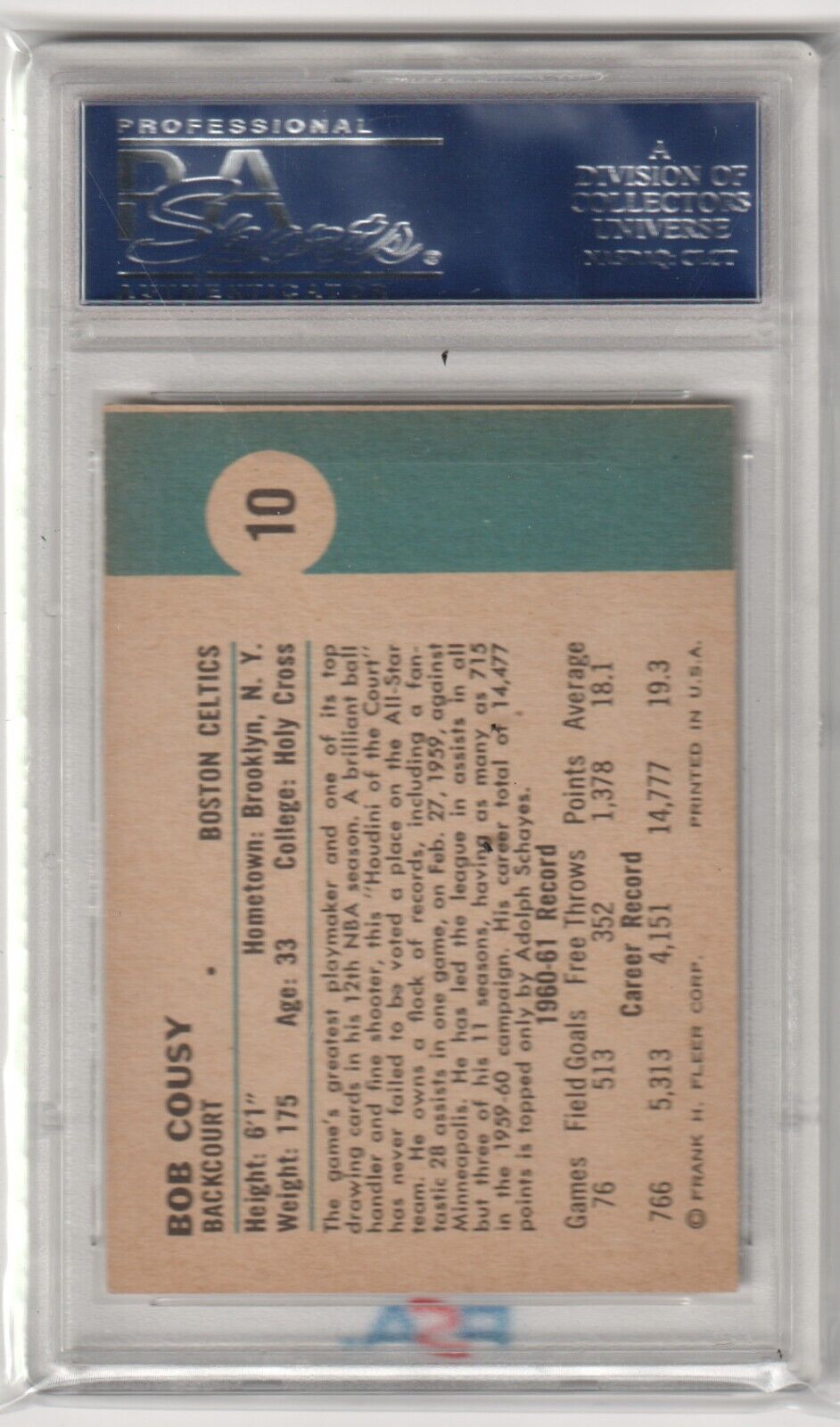 BOB COUSY 1961 - 62 Fleer #10 Graded PSA 6 EX - MT - CELTICS - Columbia Hobby - Sports Card Boxes - Toploaders - Card Savers