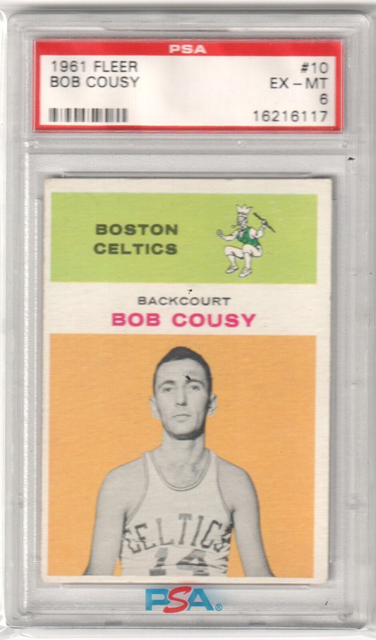 BOB COUSY 1961 - 62 Fleer #10 Graded PSA 6 EX - MT - CELTICS - Columbia Hobby - Sports Card Boxes - Toploaders - Card Savers