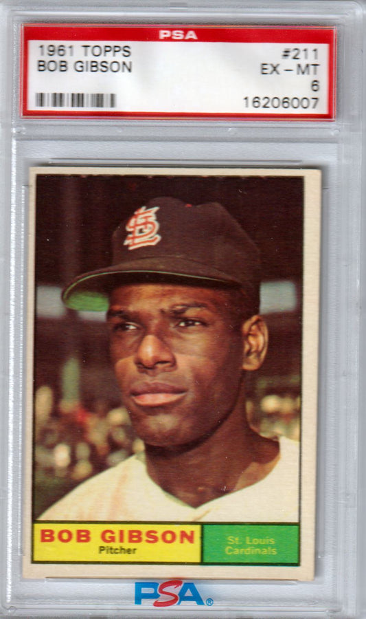 BOB GIBSON 1961 Topps #211 PSA 6 EX - MT - CARDINALS - Columbia Hobby - Sports Card Boxes - Toploaders - Card Savers