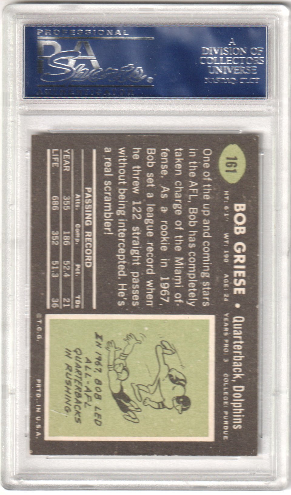BOB GRIESE 1969 Topps 161 PSA 7 NM - DOLPHINS - Columbia Hobby - Sports Card Boxes - Toploaders - Card Savers