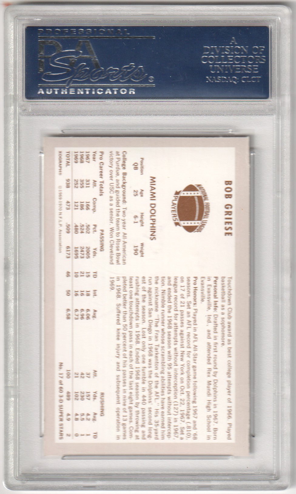 BOB GRIESE 1970 Kellogg's 17 PSA 9 MINT - DOLPHINS - Columbia Hobby - Sports Card Boxes - Toploaders - Card Savers