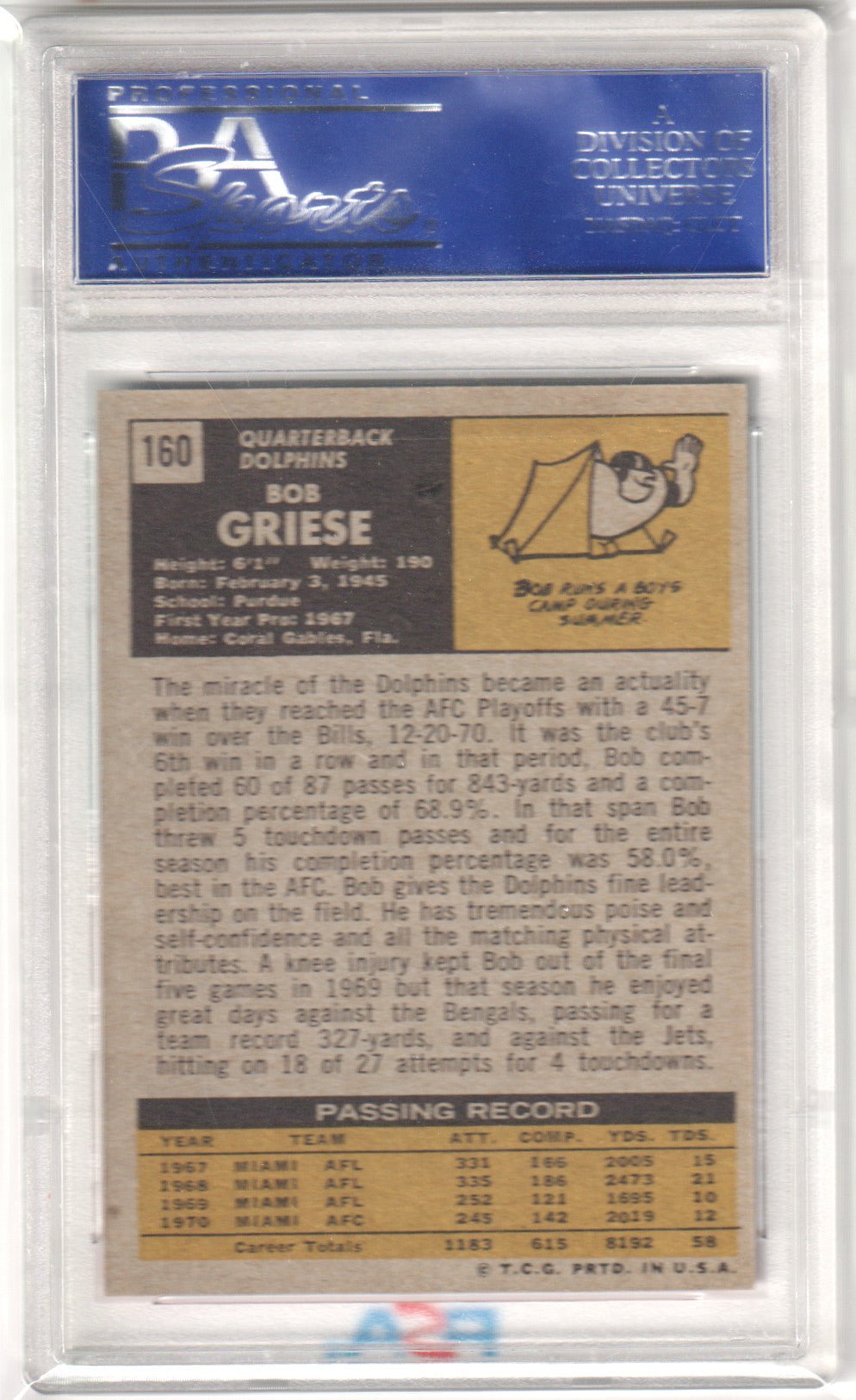 BOB GRIESE 1971 Topps 160 PSA 8 NM - MT - DOLPHINS - Columbia Hobby - Sports Card Boxes - Toploaders - Card Savers