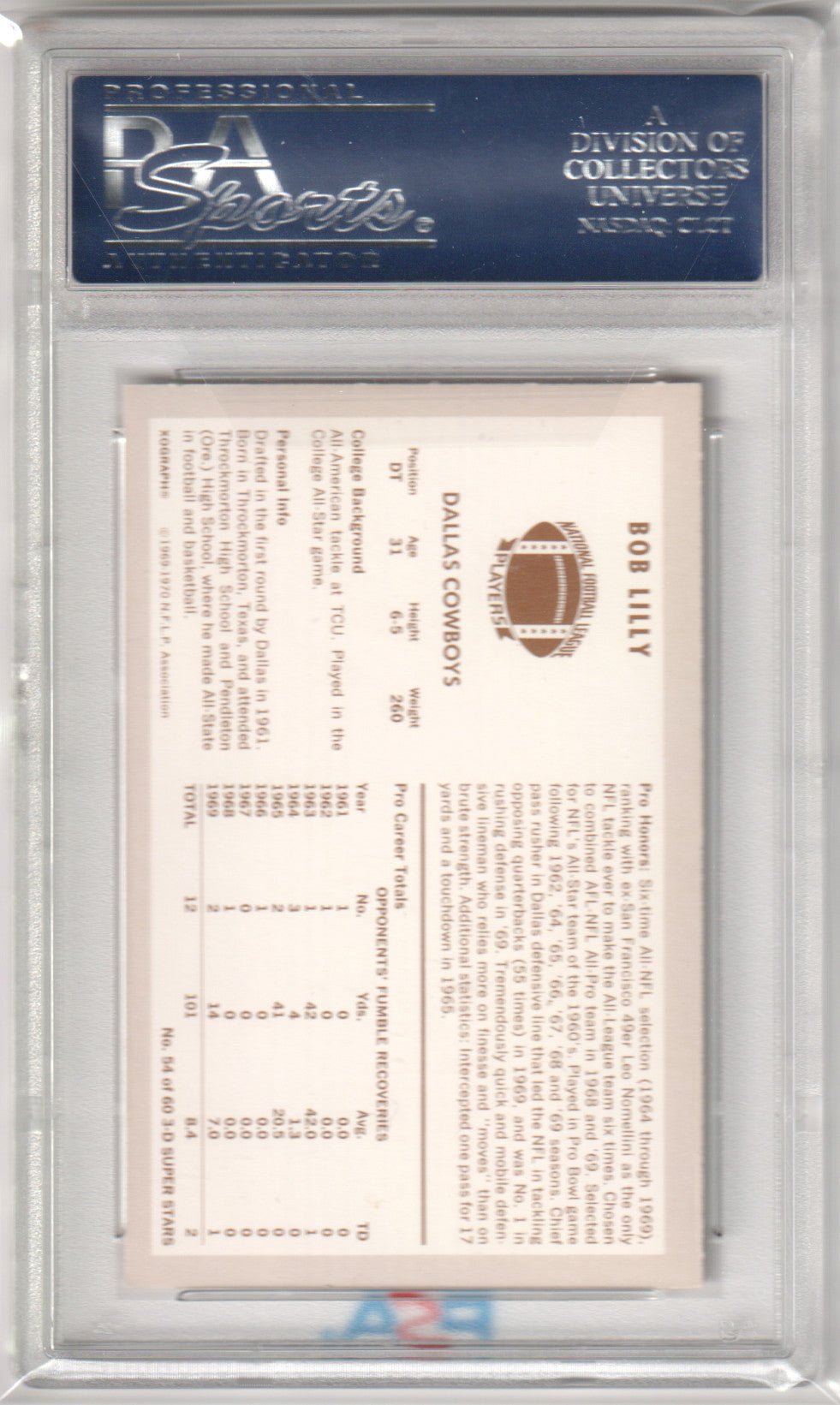 BOB LILLY 1970 Kellogg's 54 PSA 9 MINT - COWBOYS - Columbia Hobby - Sports Card Boxes - Toploaders - Card Savers