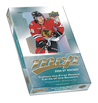 2026/27 Upper Deck MVP Hockey Hobby Box featuring Silver Script parallels, Rookie Redemption cards, and NHL rookie stars.
Back of the 2026/27 Upper Deck MVP Hockey Hobby Box showing product information and box configuration.
Pack from the 2026/27 Upper Deck MVP Hockey Hobby Box featuring NHL veterans and rookie trading cards.
2026/27 Upper Deck MVP Hockey Colors & Contours inserts, Silver Script parallels, and Mascot Lenticular chase cards.
